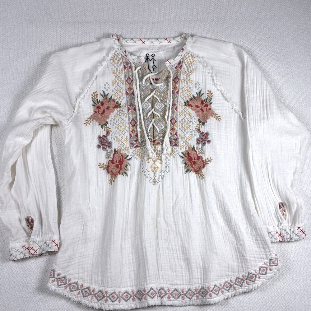 Johnny Was Joanne Embroidered Cotton Heavy Gauze Peasant Blouse Rose Sage Boho M